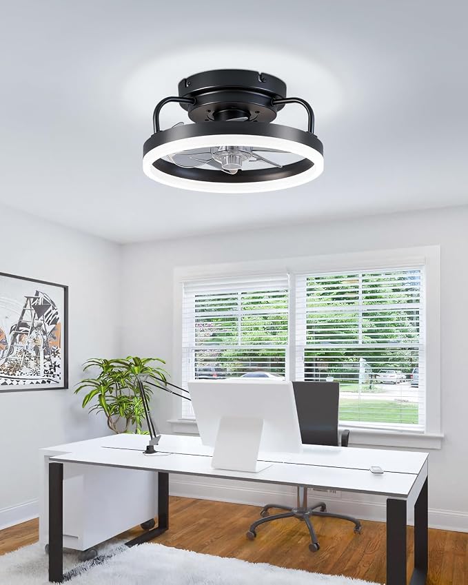 Ceiling Fan with Lights, Low Profile Ceiling Fans with Lights and Remote, Flush Mount LED Fan Light, Modern Bladeless Fandelier for Bedroom Works with APP, 12IN Black