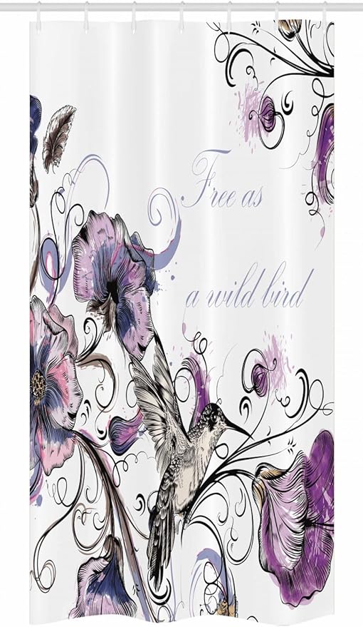 Ambesonne Hummingbird Stall Shower Curtain, Flowers Leaves Bird and Classic Patterns Curvy Lines Ornament Nostalgic Art, Fabric Bathroom Decor Set with Hooks, 36" W x 72" L, Purple Black