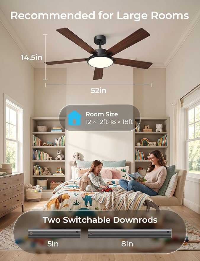 CINOTON Smart Ceiling Fan with Lights, 52'' RGBCW Ceiling Fan with Lights and Remote App Voice Control, Reversible DC Motor, 2600lm Dimmable, 6 Speeds & 2 Fan Modes, Quiet Fan for Bedroom, Living Room