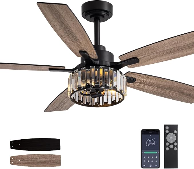 52 inch Crystal Fandelier Ceiling Fan with LED Lights, Chandelier Ceiling Fan with Remote and APP Control, Reversible Ceiling Fan for Indoor, Used in Bedroom, Living Room, Pation