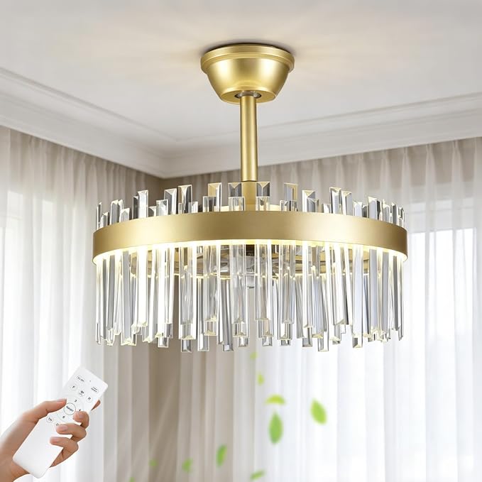Depuley Modern Ceiling Fan with Lights: 20" Gold Chandelier Cagd Fan with Remote Control - Crystal Fandelier for Girl's Bedroom Living Room Nursery