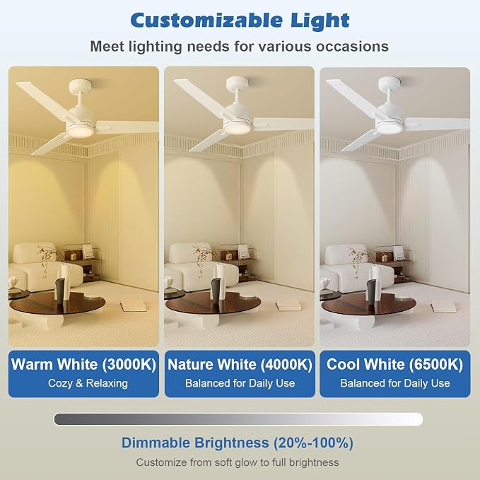 52 inch Ceiling Fans with Lights and Remote, Dimmable 3 Color temperatures LED, Reversible with Quiet DC Motor, 3 Blade High CFM Indoor Outdoor Modern Ceiling Fan for Bedroom Living Room (White)