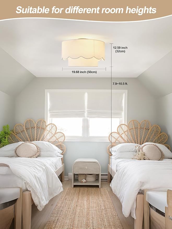 Ceiling Fan with Light, 20" Flush Mount Boho Ceiling Fans with Lights Remote Control, Low Profile Drum Fabric with 6 Speeds for Bedroom,Nursery,Living Room