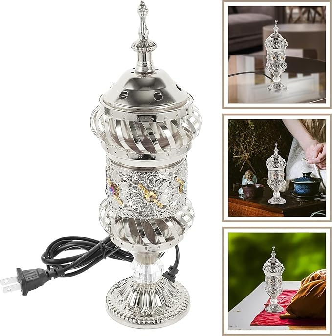 RCFINE Electric Incense Burner Bakhoor Metal Incense Burner Middle Eastern Style Arabic Incense Burner for Aromatherapy Yoga Spa Home Tabletop Decoration (Silver)