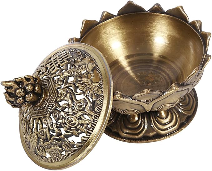 Vintage Backflow Smoke Incense Incense Holder Metal Incense Cone Holder Lotus Bowl Zinc Alloy for Home Office Ornament (Bronze)