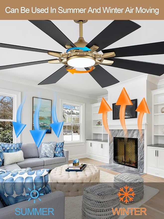 60" Black and Gold Ceiling Fan with Lights and Remote, LargeFandelier Ceiling Fan Modern Chandelier 3CCT LED Light for Living Room Indoor Porch, Reversible Quiet DC Motor 6 Speeds
