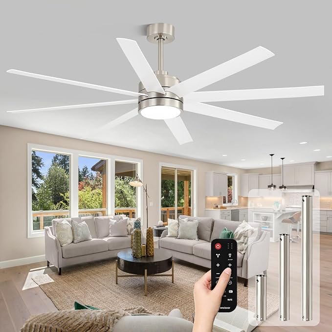 Conciseer 72 Inch Ceiling Fans with Lights and Remote for Bedroom Living Room Kitchen Library Cafe Outdoor/Industrial Use, 3CCT Dimmable, 8 Blades 6 Speed Reversible Quiet DC Motor, Sand-nickel/White
