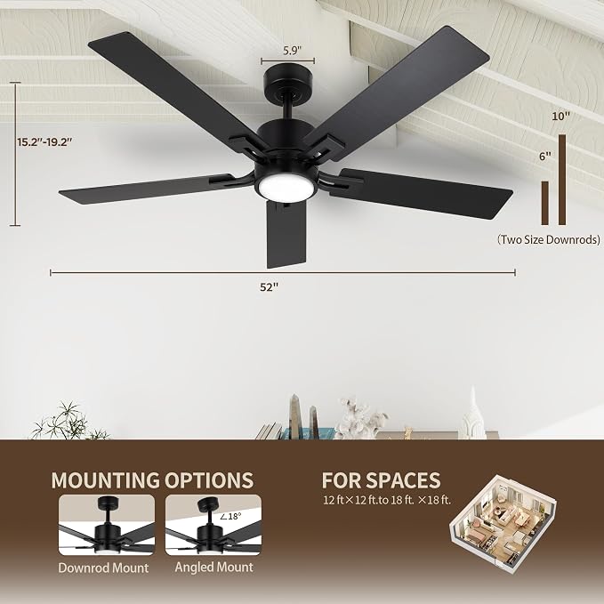 Ceiling Fan with Light for Bedroom: 52 Inch Modern Ceiling Fans with Dimmable Tri-Color Temperature LED - Quiet Reversible DC Motor - Indoor Outdoor Paito Sloped Roof Use (Matte Black)