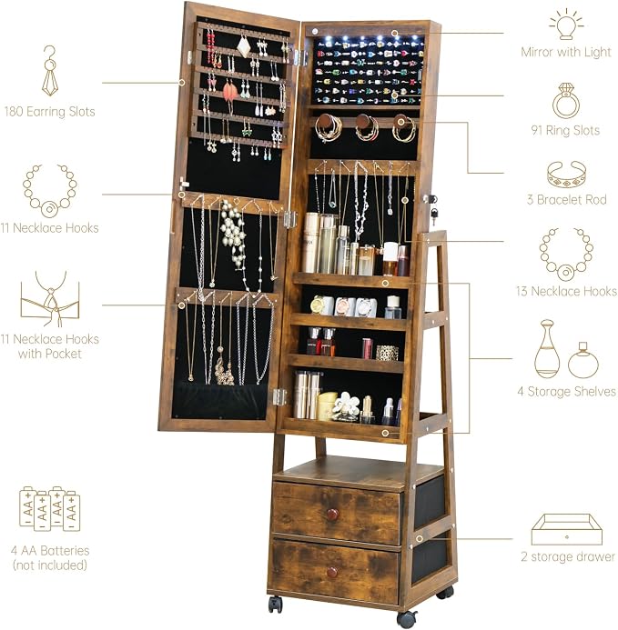 Jewelry Armoire Cabinet Organizer Standing with 20 LED Lights Lockable Full Length Mirror with Storage Shelves and 2 Drawers (Rustic Brown) Adjustable Tilt Angles Gift for Her