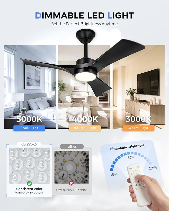 42 Inch Indoor Outdoor Ceiling Fan with Light and Remote, 3CCT Dimmable LED, Modern Black Ceiling Fan, Reversible Motor, Quiet 3-Blade Fan for Bedroom, Covered Patio, ZCCF08BK-42