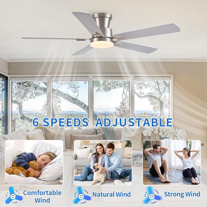 NKPU 52Inch Flush Mount Ceiling Fans with Lights and Remote Control/APP Control, DC Reversible Motor, Noiseless, Dimmable, Low Profile Nickel Ceiling Fan for Bedroom Indoor/Outdoor Use