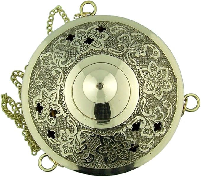 Religious Gifts Gold Plate over Brass Conical Incense Holder, 3 1/2" Dia - 3" H with 9" Chain