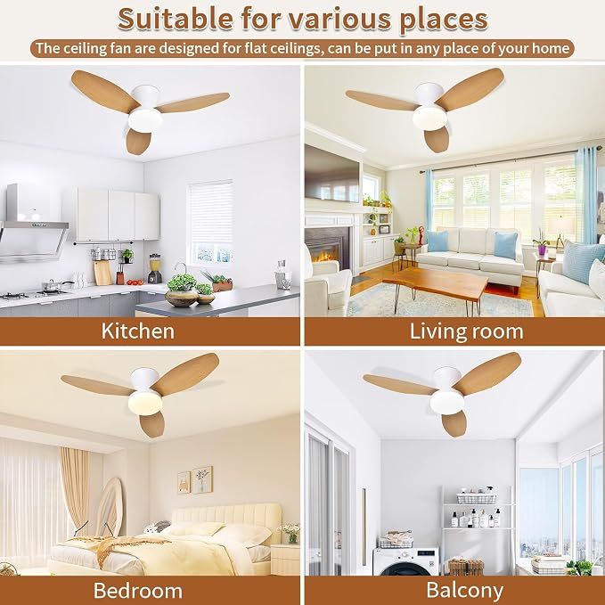 Small Ceiling Fan with Light and Remote, 32'' Flush Mount, 6 Speeds | Reversible Quiet DC Motor,Modern,3 Blades,Dimmable LED,Adjustable Color Temperature,Timer for bedroom Kitchen indoor outdoor