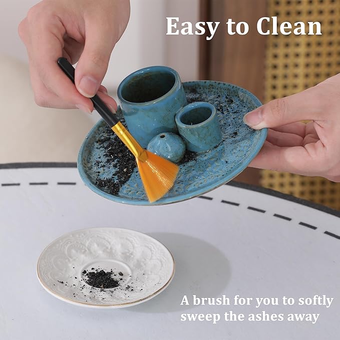 5 in 1 Incense Holder Burner, 5.9" Ceramic Holder for Burning Palo Santo Sage Candle and Incense Sticks Cones, Ash Catcher Tray for Meditation Room Home Décor (Blue)