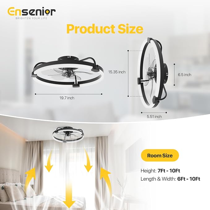 Ensenior Ceiling Fans with Lights and Remote, 20'' Low Profile Ceiling Fan Flush Mount, APP Control, 6 Speed, 3CCT, Quiet Reversible DC Motor, Dimmable Modern Ceiling Fan with Light for Bedroom, Black