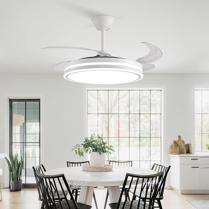 Retractable Ceiling Fans with Lights and Remote, 42 Inch White Chandelier LED Fan, 20W Energy Saving,Memory Function,Timer Setting,Ultra Quiet Invisible Blades Fan for Kitchen, Bedroom
