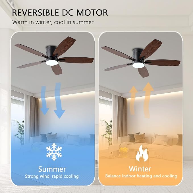 Ayaoty Ceiling Fans with Lights, 52" Low Profile Indoor Ceiling Fan with Light and Remote Control, Dimmable, Noiseless, Reversible, Brown Ceiling Fan for Bedroom, Indoor/Outdoor Use