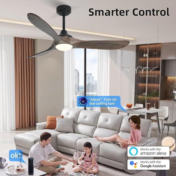 52” Outdoor Ceiling Fan with Light, Compatible with Alexa/Google, 3 Walnut Solid Wood Blade, Noiseless Reversible Dc Motor, Smart Outdoor Wood Ceiling Fan for Farmhouse Patios, Dark Brown