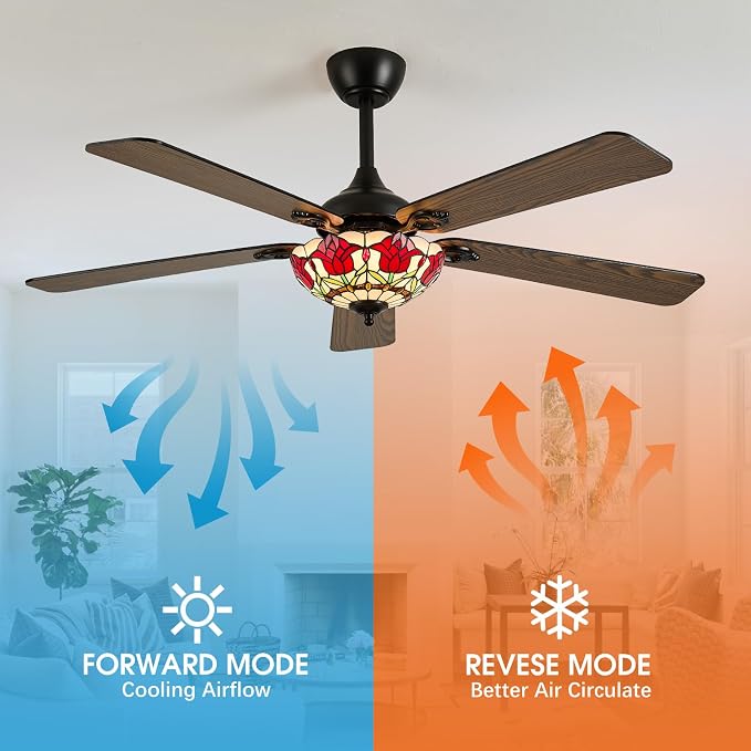 52" Tiffany Style Ceiling Fans with Lights, Vintage Chandelier Ceiling Fan with Stained Glass Shade, Dimmable LED, 6 Speeds Reversible for Bedroom (Red Rose)