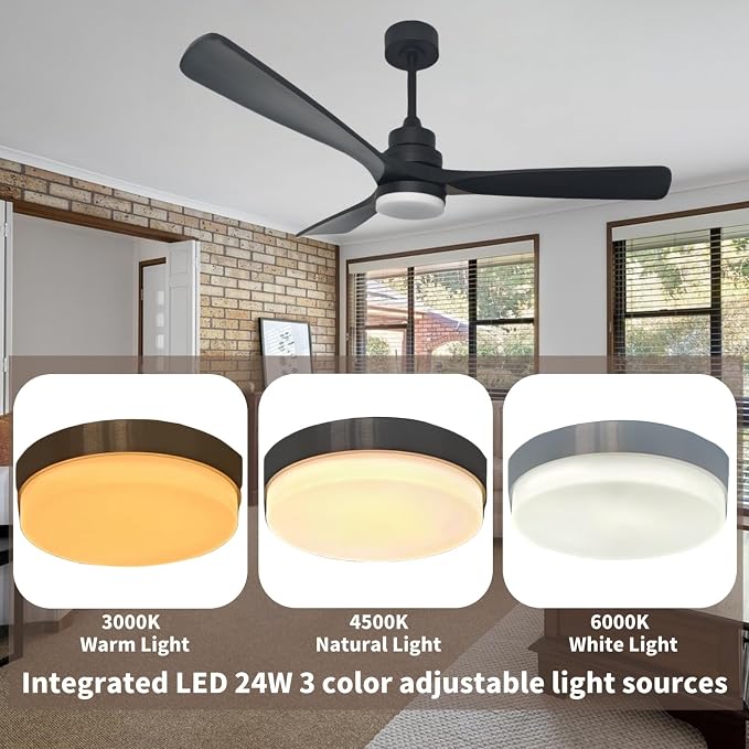 52-inch solid wood ceiling fan with light, black ceiling fan with light and remote control, 2 downrods, reversible DC motor, 3 blades, suitable for indoor, outdoor, rooms and living rooms