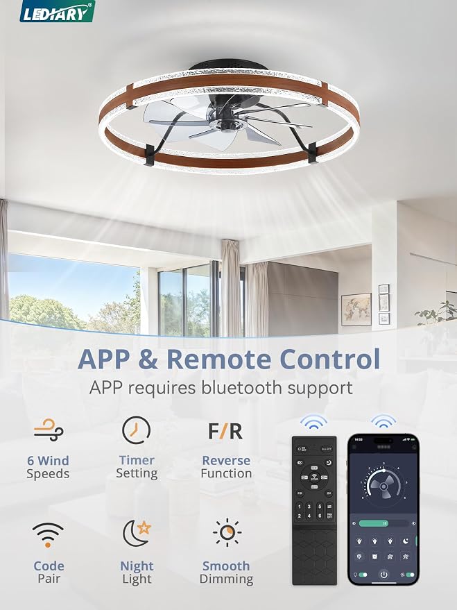 LEDIARY 24" Ceiling Fans with Lights and Remote, Low Profile Ceiling Fan with Light, 3000-6000K Dimmable Fandelier Ceiling Fans, Modern Flush Mount Fan Light for Bedroom with 6 Wind Speeds - Walnut