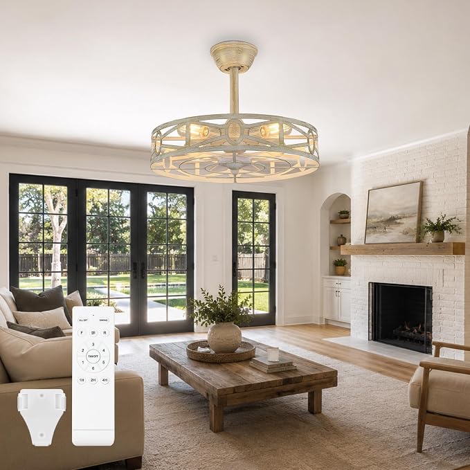 Depuley Caged Ceiling Fans with Light: 20-Inch Cement Enclosed Farmhouse Fandelier for Kitchen Bedroom - Industrial Semi Flush Mount Ceiling Fan with Remote 6 Speeds Reversible Motor Timer