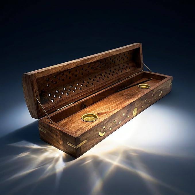 19” Long Dual Incense Holder for Sticks & Cones, Large Handcrafted Wood and Brass Ash Catcher with Storage, Gothic Home Decor for Meditation, Yoga, Altar, Antique, Witchy Decor (Natural Wood)