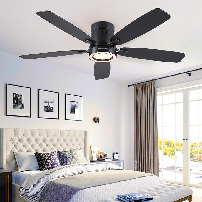 52 Inch Modern Ceiling Fans with Lights Flush Mount Indoor, Black | Low Profile, Dimmable LED, Reversible, Quiet DC Motor, Wooden Blades, for Modern Apartment Bedroom Home Office Living Room