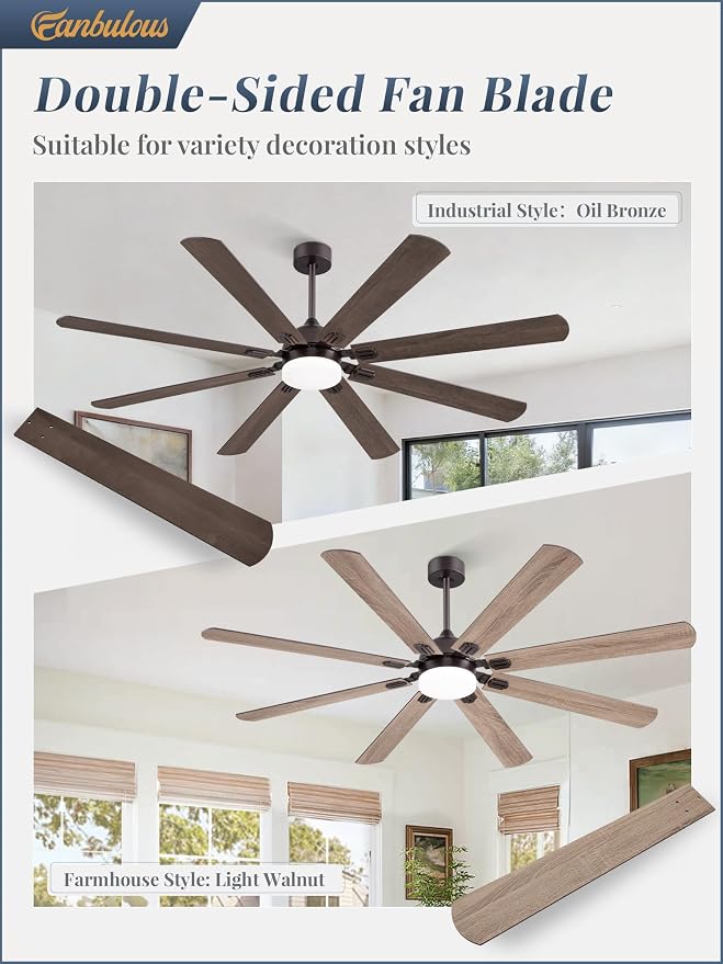 Fanbulous 72 Inch Ceiling Fans with Lights, Oil Bronze Modern Ceiling Fan with Remote,Large Farmhouse Indoor & Outdoor Ceiling Fan with 8 Dual Finish Blades, Quiet DC Motor, Bright LED Light