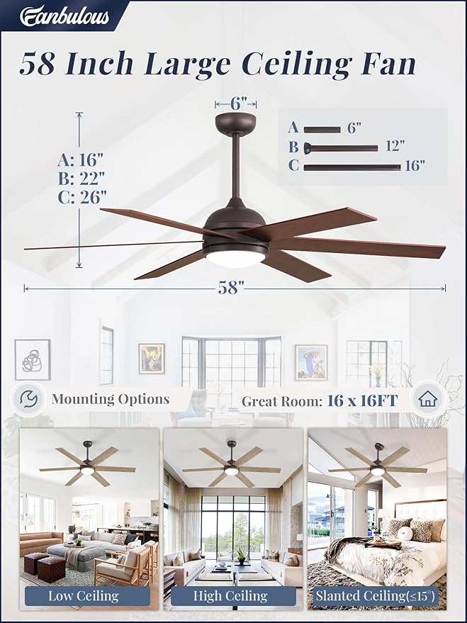Fanbulous 58 Inch Ceiling Fans with Lights and Remote, Walnut Indoor/Outdoor Ceiling Fan with Quiet Reversible DC Motor, 6 Speeds, 3CCT, 8 Blades Large Ceiling Fan for Living Room Bedroom Patio