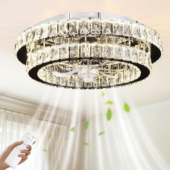 Depuley Modern Ceiling Fan with Lights: 20" Sliver Chandelier Cagd Fan with Remote Control - Modern Crystal Fandelier for Girl's Bedroom Living Room Nursery