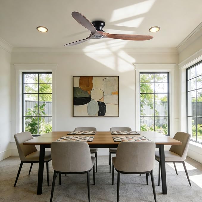Solid Wood 60in Ceiling Fan Without Lights Flush Mount Ceiling Fans with Remote Control 6 Speeds, Wood Blades Modern Ceiling Fan No Light for Bedroom/Farmhouse/Patio/Indoor