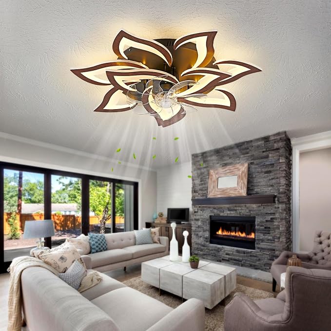 32inch Flower Modern Ceiling Fans with Lights, Low Profile Ceiling Fan with Remote for Bedroom, Flush Mount Ceiling Fan with LED Dimmable Light,6-Speeds, Timing CeilingFan Light-Walnutcolor
