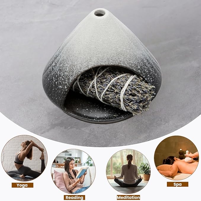 Palo Santo Holder, Mini Ceramic Zongzi Chimenea for Sage/Sticks/Cone, Modern Incense Burner for Yoga, Meditation, Energy Cleansing-Smudge Bowl with Ash Catcher, Anxiety Relief Gift to Women
