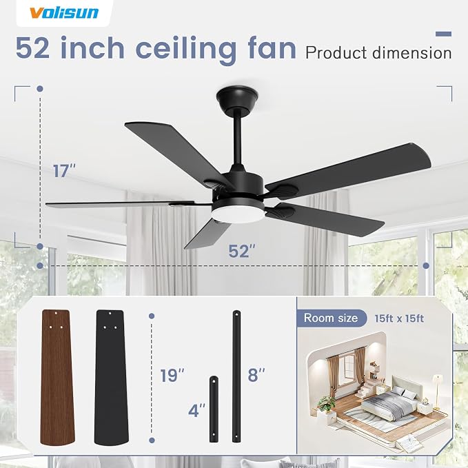 VOLISUN Ceiling Fan with Light, 52 inch Flush Mount Ceiling Fan with Lights and Remote, Dimmable LED Fan Light, Low Profile Ceiling Fan, Black Modern Ceiling Fan for Bedroom, Indoor/Outdoor