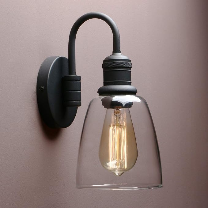 Yosoan 1-Light Vintage Wall Sconce, Black Industrial Fixture Light with Elegant Gooseneck Curved Rod, Indoor Clear Glass Shade Wall Lamp Lighting for Bathroom Porch Kitchen Living Room Restaurant