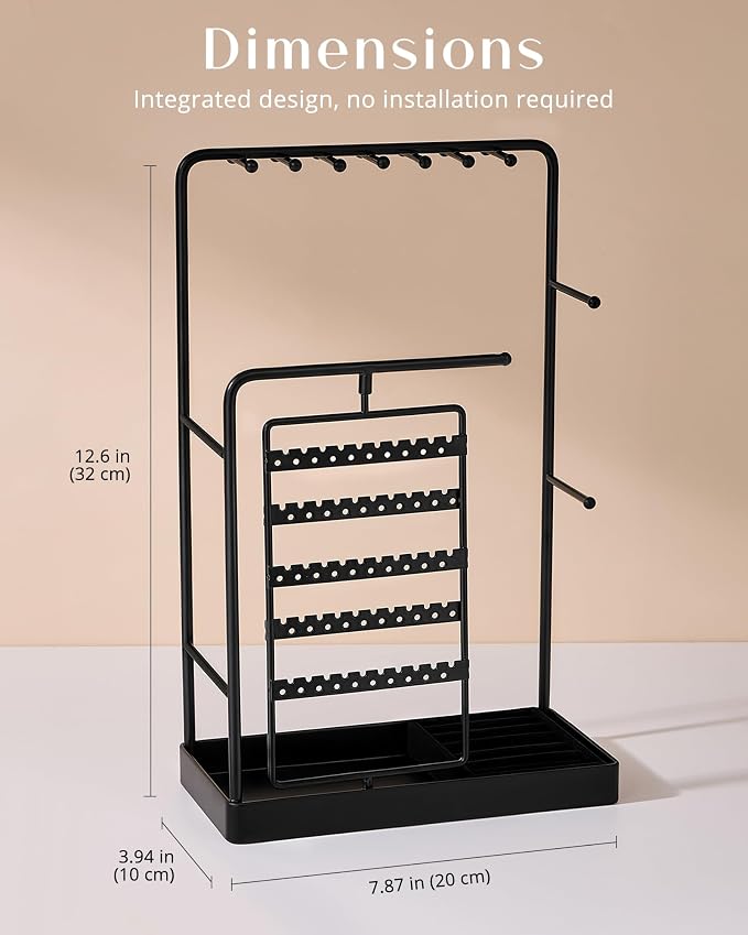 ProCase Jewelry Stand Holder Organizer and Storage, Black (No-Assembly) | Rotating Earring Bracelet Holder Storage, Hanging Jewelry Display Velvet Ring Tray, Teen Girls Birthday Gifts Room Dorm Decor