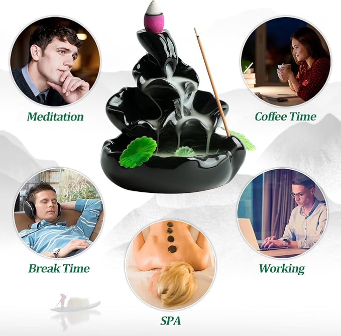 Cute Ceramic Backflow Incense Holder Waterfall Incense Burner with 48 Incense Cones and 30 Incense Stick, Incense Fountain for Home Decor, Desk Decor(Black)