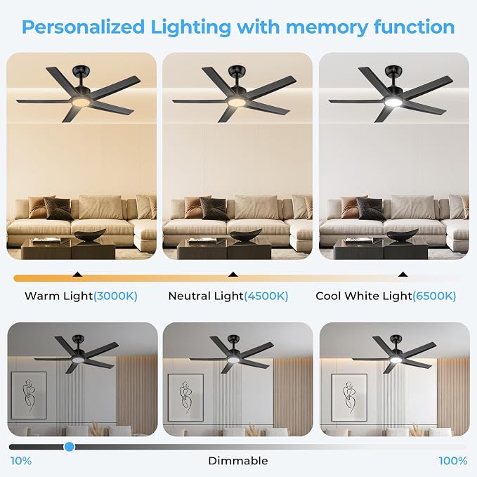 ocioc 44" Ceiling Fans with Lights, Black Ceiling Fan with LED Light and Remote, Reversible Airflow, 6 Speeds, Timer, Dimmable, Modern Ceiling Fan for Bedroom, Living Room
