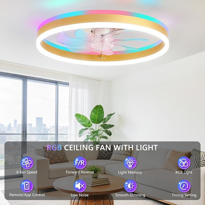 STERREN RGB Ceiling Fan with Light, 20'' Low Profile Ceiling Fans with Remote Control, Smart Gold Flush Mount LED Fan Light, Modern Bladeless Fandelier for Bedroom, Living Room, Kitchen