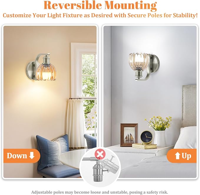 Rechargeable Battery Operated Wall Sconce Set of Two with Amber Glass Lampshade, Wireless Wall Scone Decor with Remote Control, 15 Colors Brushed Nickle Wall Light for Bedside Hallway Bedroom Doorway