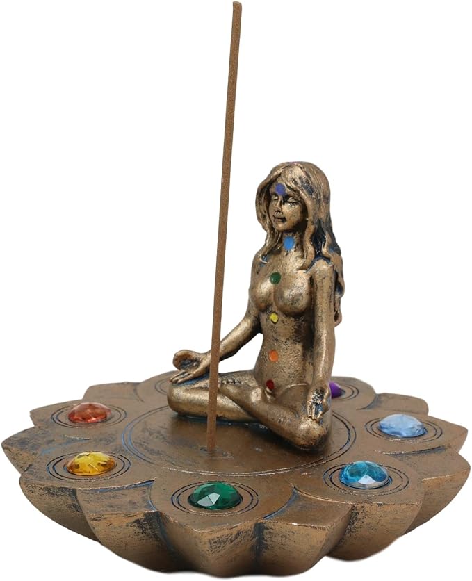Ebros Gift Sacred Moon Feminine Triple Goddess Yoga Meditation with Chakra Zone Color Beads Lotus Flower Incense Stick Holder Burner Figurine Zen Feng Shui Vastu Home Fragrance Tabletop Altar Decor