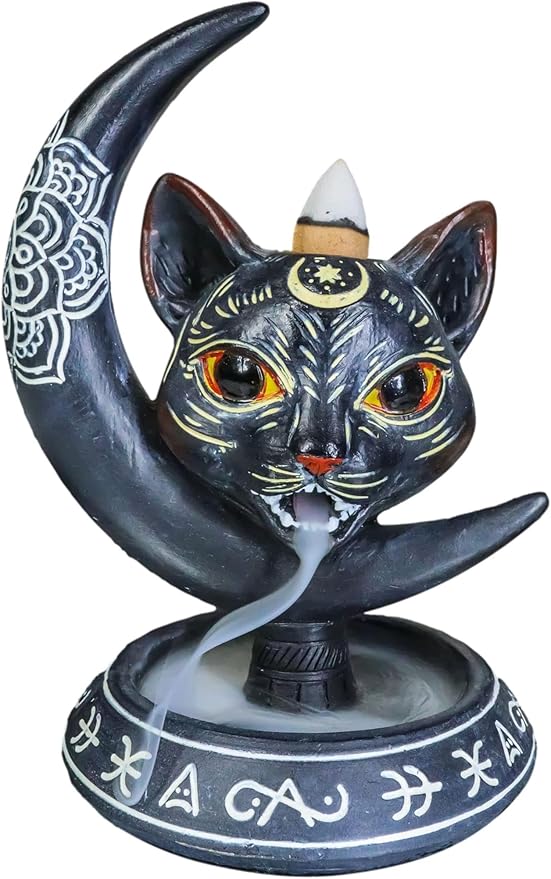 Ebros Gift Paranormal Occult Ouija Sacred Geometry Black Cat with Crescent Moon and Mandala Chakra Flower Backflow Cone Incense Burner Holder with Cascading Smoke Pool Waterfall Effect Figurine