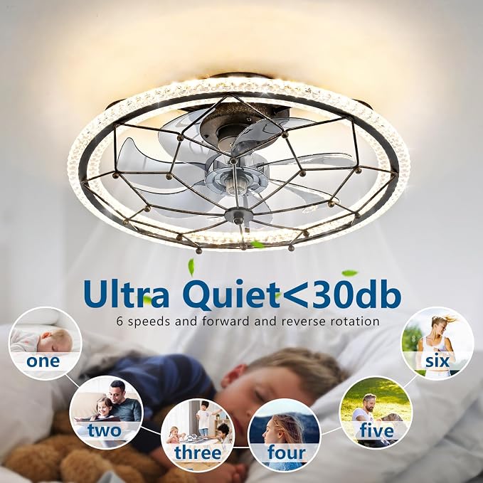 Dalouguan Rustic Black Ceiling Fan with Light, Farmhouse Chemistry Molecular Model Caged Ceiling Fan with Remote, LED Low Profile Ceiling Light for Bedroom Kitchen Living Room