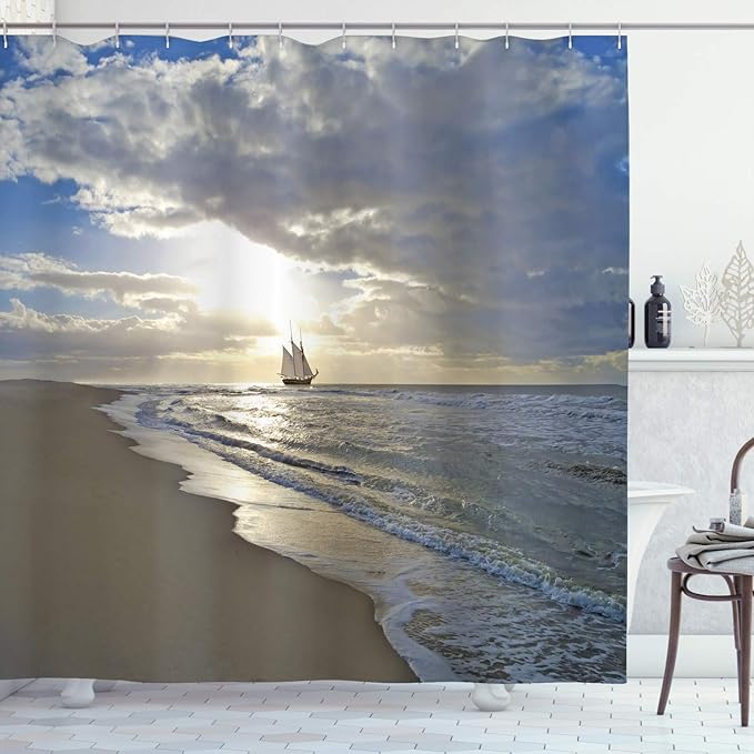 Ambesonne Nautical Shower Curtain, Sailing Ship Close to Sandy Beach in Moody Sunset Paradise Tropical Theme, Cloth Fabric Bathroom Decor Set with Hooks, 69" W x 84" L, Blue Beige White