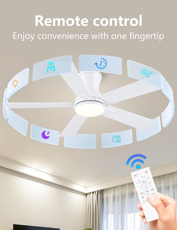 Modern Ceiling Fans with Lights - 42" Low Profile Ceiling Fan with Light and Remote, Flush Mount Reversible DC Motor, 6-Speed Quiet LED Dimmable for Bedroom, Indoor and Outdoor, Patios White