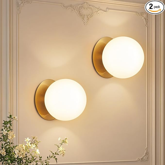 2 Pack Wall Sconces, Modern Globe Sconces in Aged Brass, Wall Light for Bedroom Bathroom Living Room & Hallway Vanity Lighting, Ceiling Light Fixture