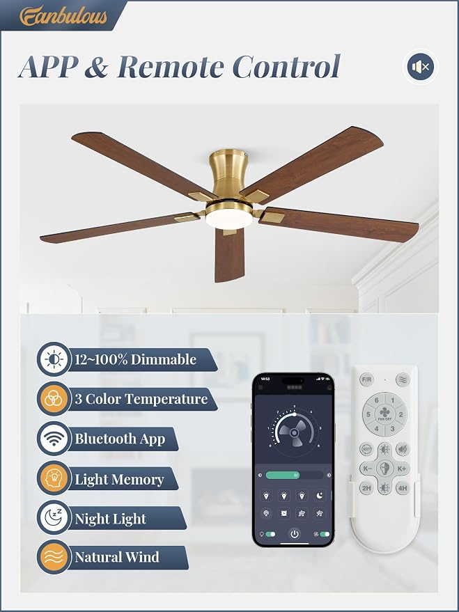 Fanbulous 60 inch ceiling fan with light, Low Profile Ceiling Fan with Light, App&Remote Control, Dimmable LED Light, Flush Mount Ceiling Fan for Indoor Bedroom Living Room, Qiuet DC Motor