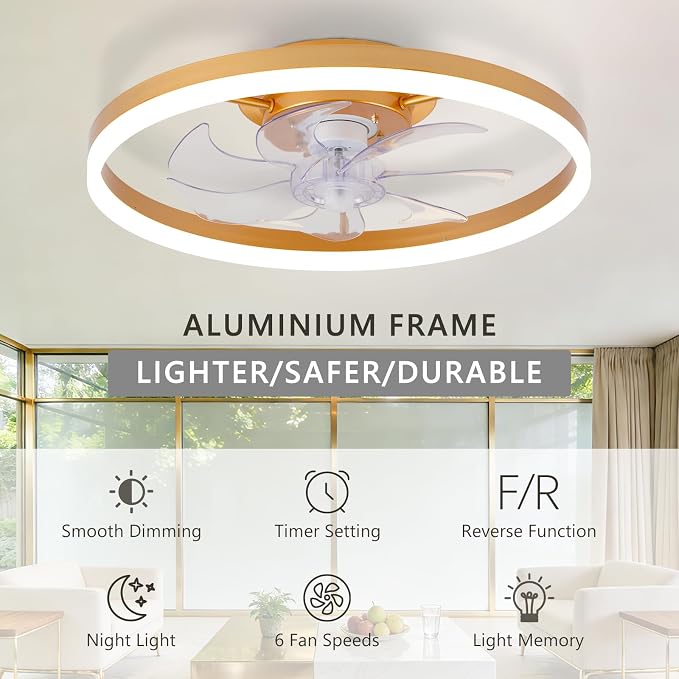 20" Low Profile Ceiling Fans with Lights and Remote & APP, Dimmable 3000-6500K LED Fandelier Ceiling Fan with Light, Modern Flush Mount Ceiling Fan Light for Living Room, Bedroom and Kitchen