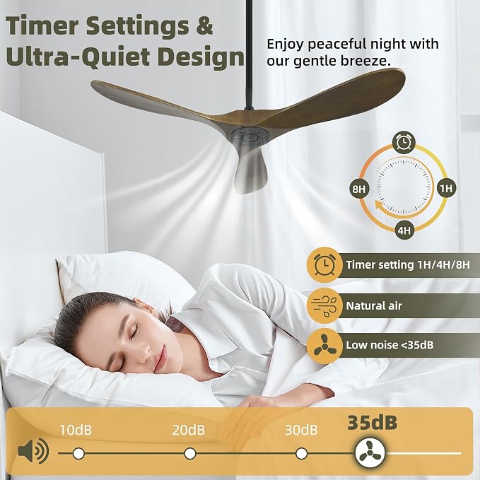 Smart Ceiling Fan no Light, 52 Inch Outdoor Ceiling Fan Without Light, Compatible with Alexa/Google/App, 3 Solid Wood Blades, Modern Wood Fan for Patio, Bedroom, Living Room,Bronze